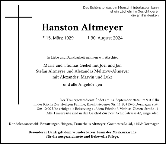 Traueranzeige von Hanston Altmeyer von Rheinische Post