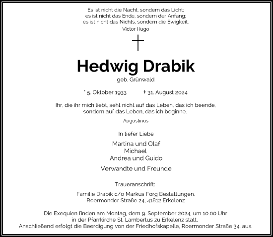 Traueranzeige von Hedwig Drabik von Rheinische Post