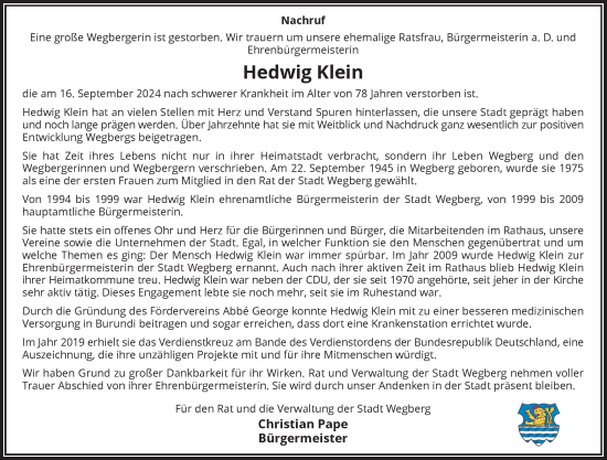 Traueranzeige von Hedwig Klein von Rheinische Post