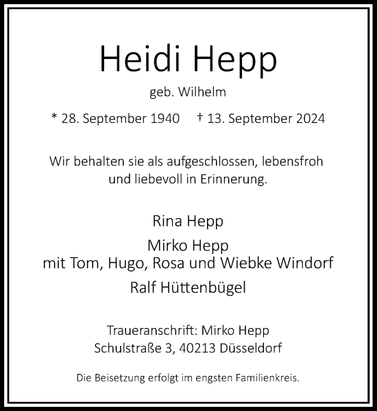 Traueranzeige von Heidi Hepp von Rheinische Post