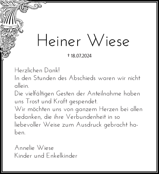 Traueranzeige von Heiner Wiese von Rheinische Post