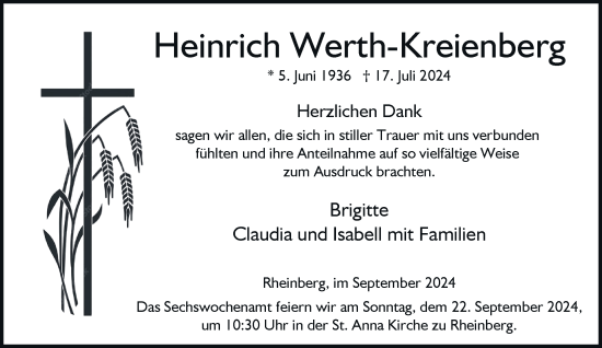 Traueranzeige von Heinrich Werth-Kreienberg von Rheinische Post