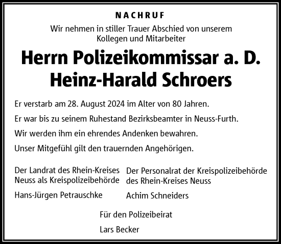 Traueranzeige von Heinz-Harald Schroers von Rheinische Post