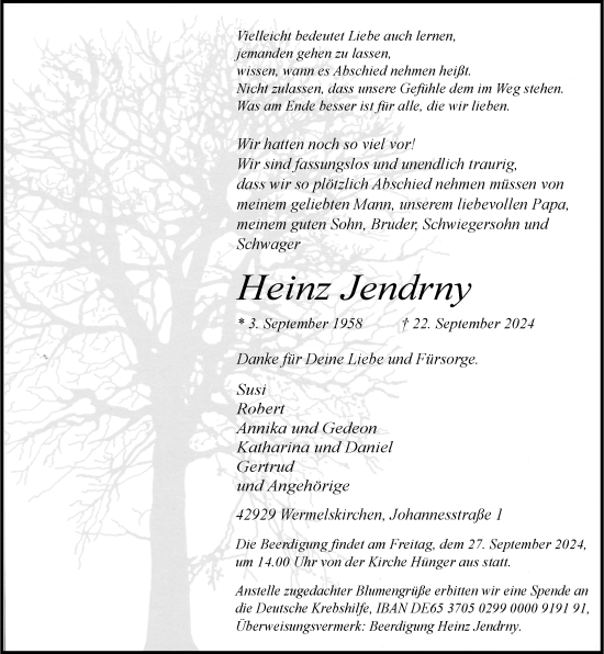 Traueranzeige von Heinz Jendrny von Rheinische Post