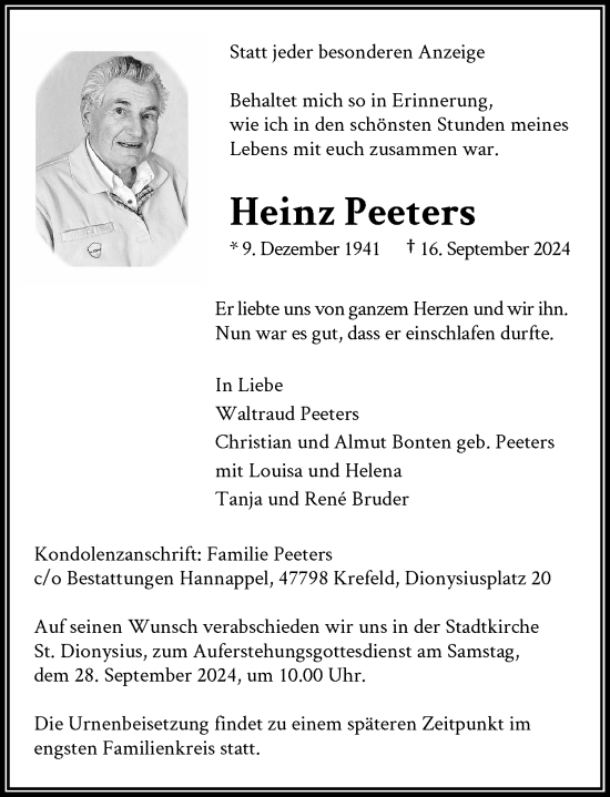 Traueranzeige von Heinz Peeters von Rheinische Post