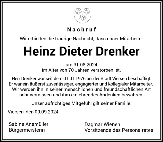 Traueranzeige von Heinz Dieter Drenker von Rheinische Post