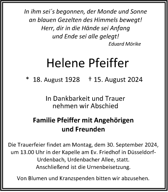 Traueranzeige von Helene Pfeiffer von Rheinische Post