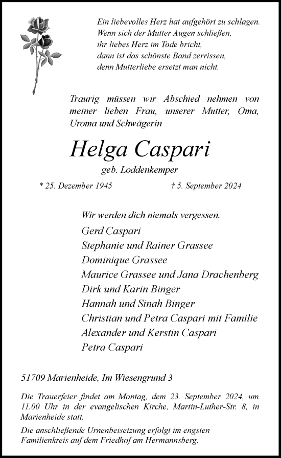 Traueranzeige von Helga Caspari von Rheinische Post