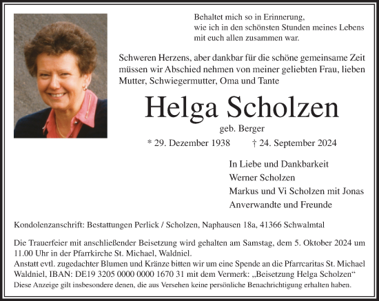 Traueranzeige von Helga Scholzen von Rheinische Post