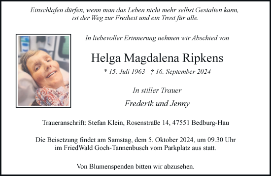 Traueranzeige von Helga Magdalena Ripkens von Rheinische Post