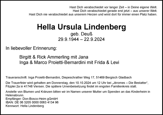 Traueranzeige von Hella Ursula Lindenberg von Rheinische Post