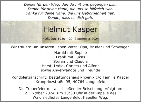 Traueranzeige von Helmut Kasper von Rheinische Post