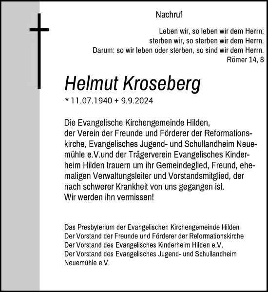 Traueranzeige von Helmut Kroseberg von Rheinische Post