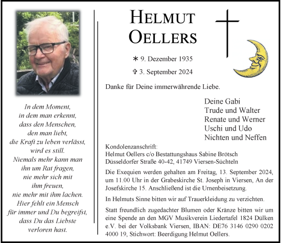 Traueranzeige von Helmut Oellers von Rheinische Post