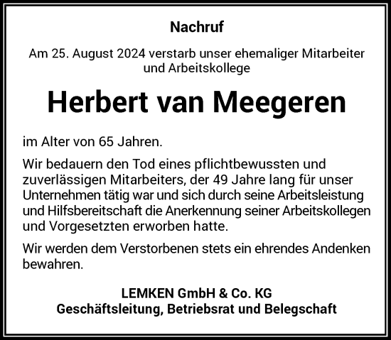 Traueranzeige von Herbert van Meegeren von Rheinische Post