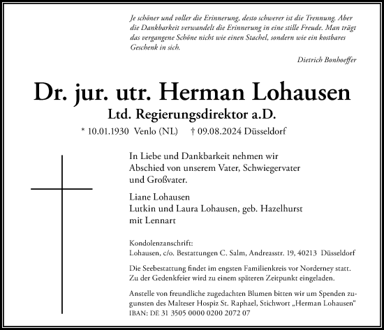 Traueranzeige von Herman Lohausen von Rheinische Post