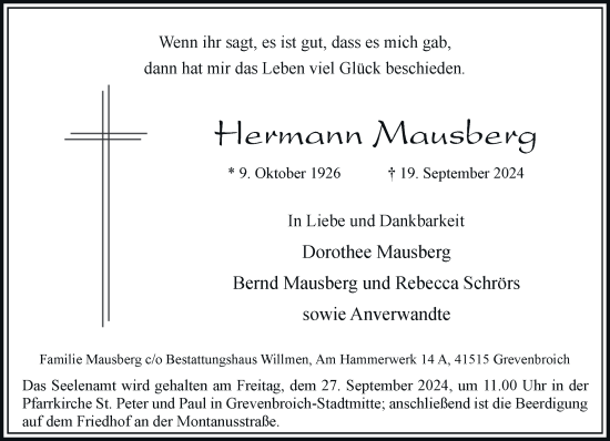 Traueranzeige von Hermann Mausberg von Rheinische Post