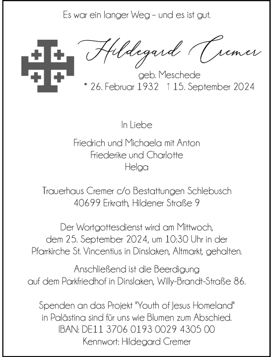 Traueranzeige von Hildegard Cremer von Rheinische Post