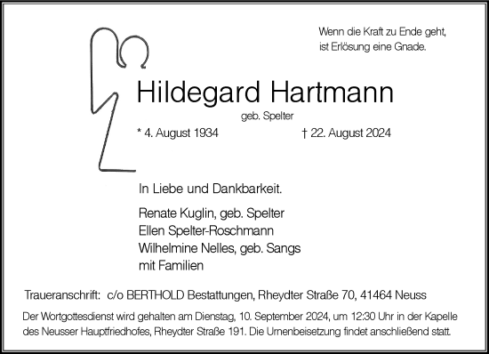 Traueranzeige von Hildegard Hartmann von Rheinische Post