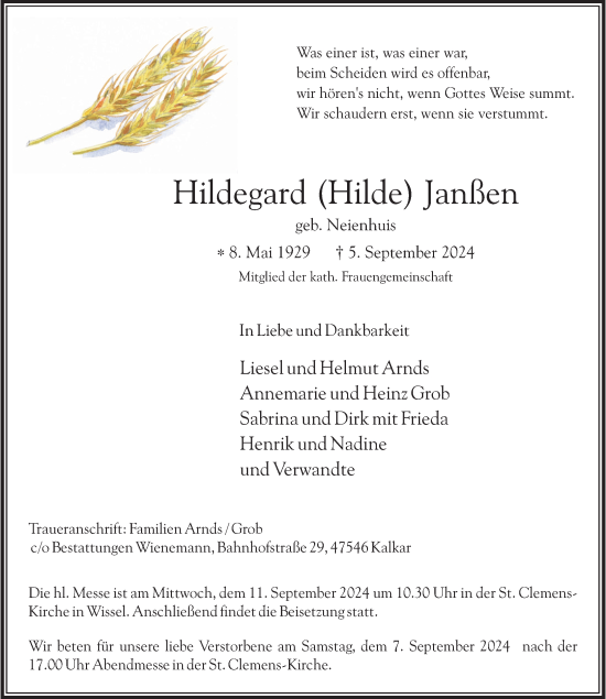 Traueranzeige von Hildegard Janßen von Rheinische Post