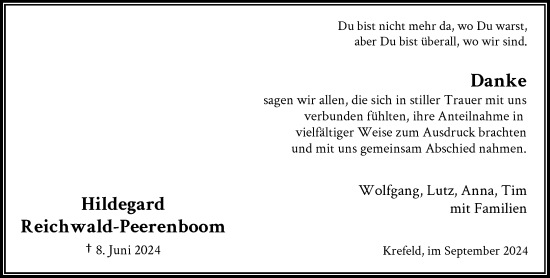 Traueranzeige von Hildegard Reichwald-Peerenboom von Rheinische Post