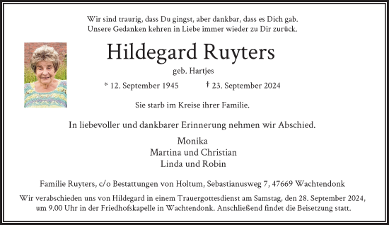 Traueranzeige von Hildegard Ruyters von Rheinische Post