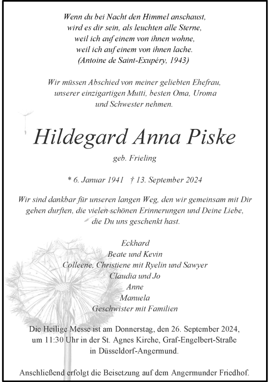 Traueranzeige von Hildegard Anna Piske von Rheinische Post