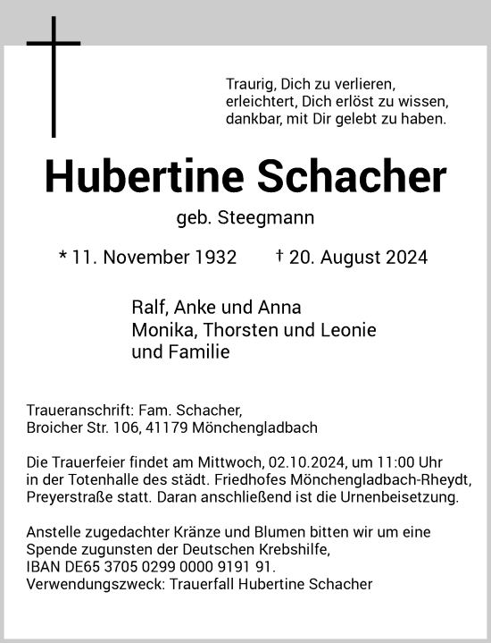 Traueranzeige von Hubertine Schacher von Rheinische Post