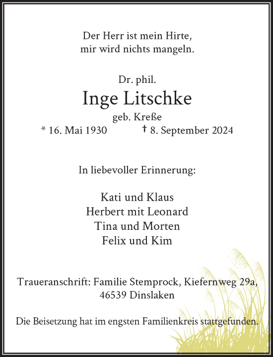 Traueranzeige von Inge Litschke von Rheinische Post