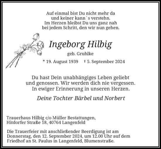 Traueranzeige von Ingeborg Hilbig von Rheinische Post