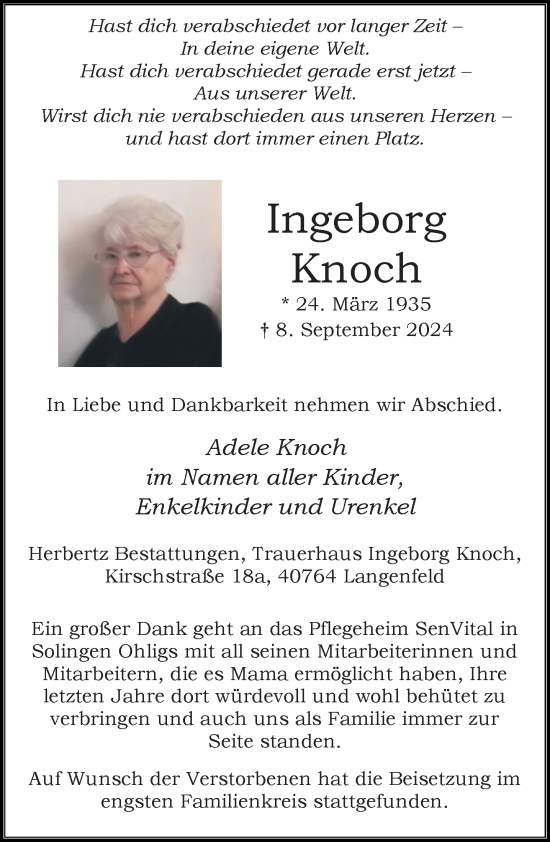 Traueranzeige von Ingeborg Knoch von Rheinische Post