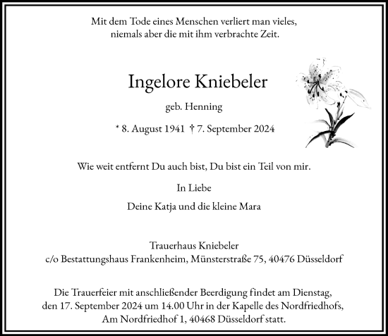 Traueranzeige von Ingelore Kniebeler von Rheinische Post