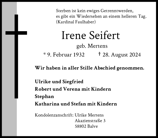 Traueranzeige von Irene Seifert von Rheinische Post