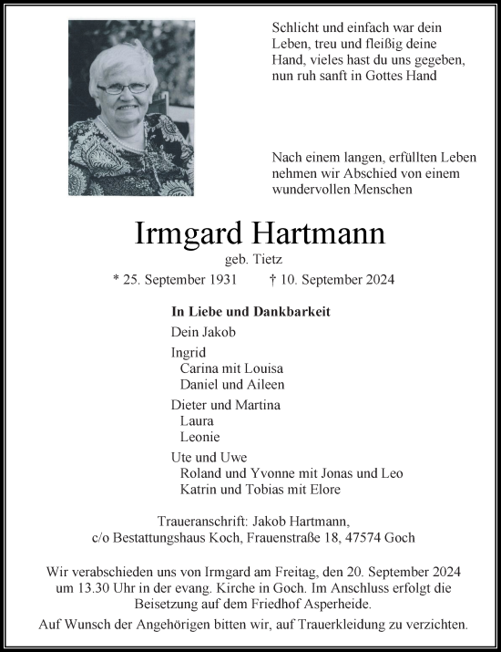 Traueranzeige von Irmgard Hartmann von Rheinische Post