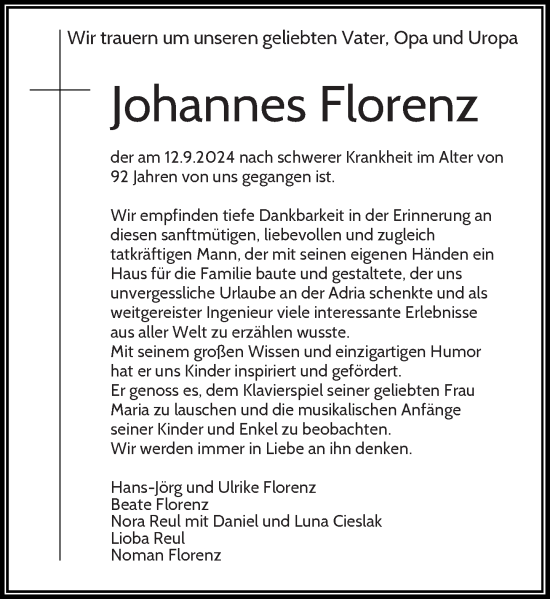 Traueranzeige von Johannes Florenz von Rheinische Post