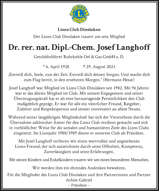 Traueranzeige von Josef Langhoff von Rheinische Post