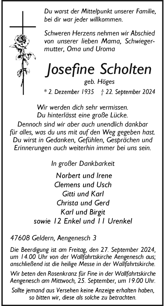 Traueranzeige von Josefine Scholten von Rheinische Post