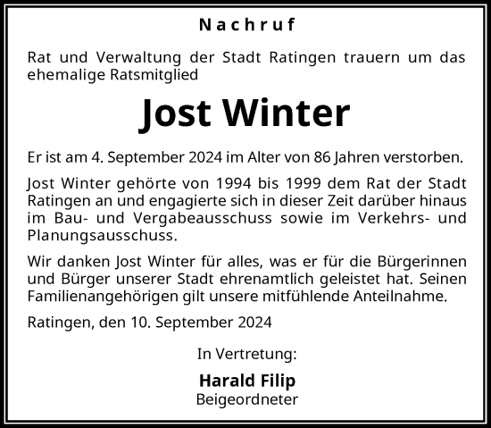 Traueranzeige von Jost Winter von Rheinische Post