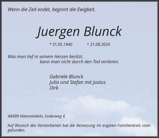 Traueranzeige von Juergen Blunck von Rheinische Post