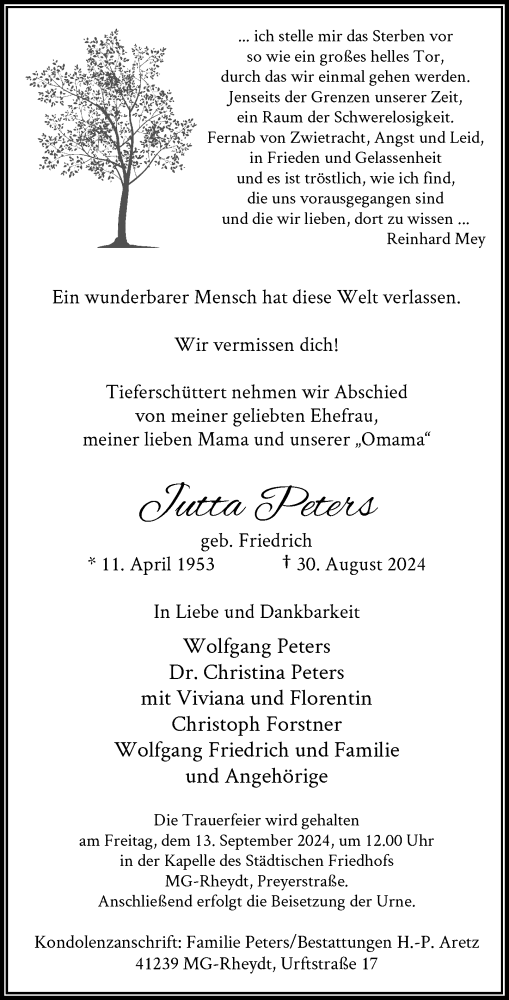 Traueranzeige von Jutta Peters von Rheinische Post