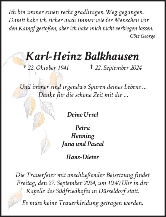 Traueranzeige von Karl-Heinz Balkhausen von Rheinische Post