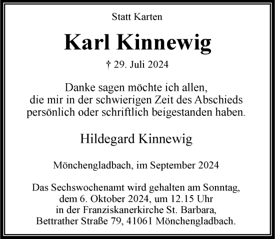 Traueranzeige von Karl Kinnewig von Rheinische Post