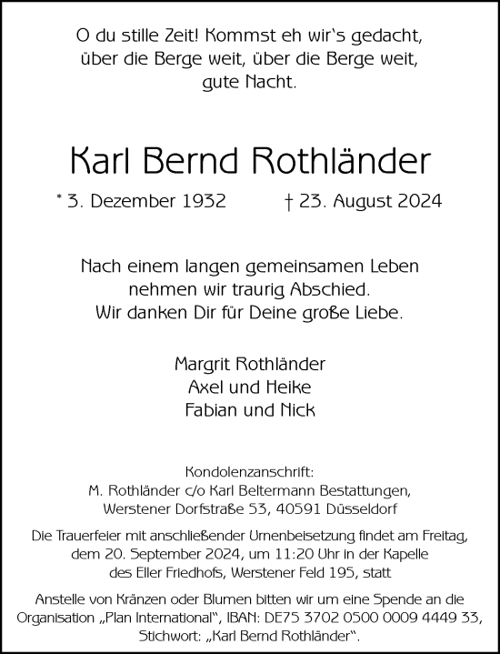 Traueranzeige von Karl Bernd Rothländer von Rheinische Post