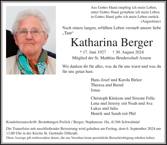 Traueranzeige von Katharina Berger von Rheinische Post