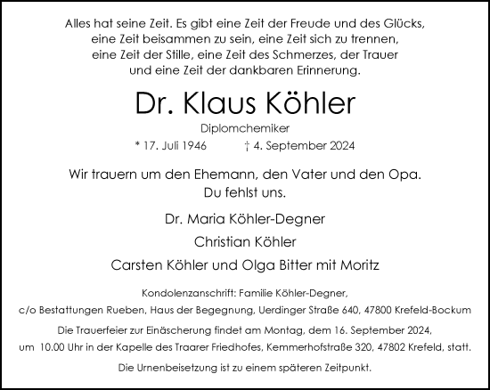 Traueranzeige von Klaus Köhler von Rheinische Post