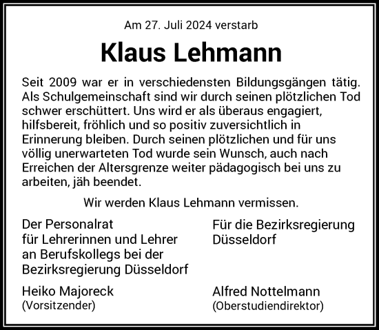 Traueranzeige von Klaus Lehmann von Rheinische Post