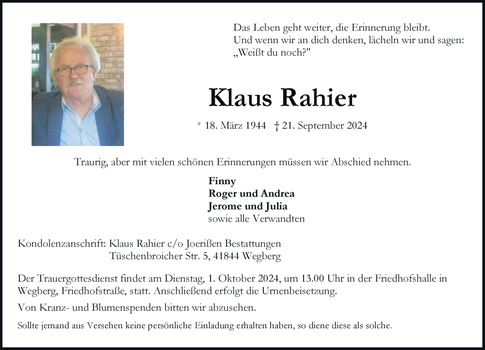  Traueranzeige für Klaus Rahier vom 28.09.2024 aus Rheinische Post