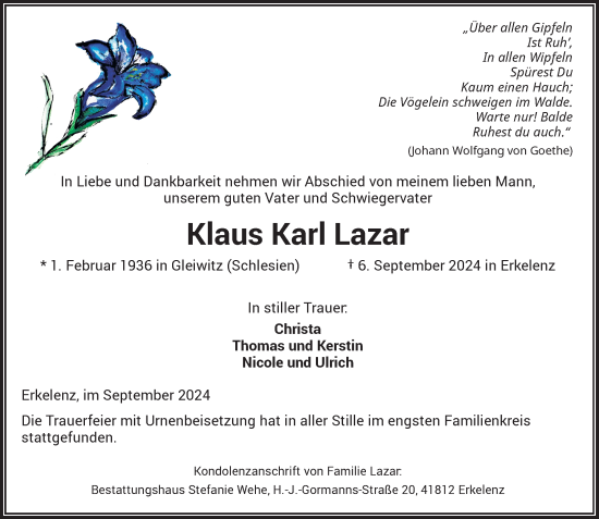 Traueranzeige von Klaus Karl Lazar von Rheinische Post