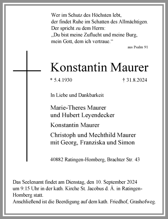 Traueranzeige von Konstantin Maurer von Rheinische Post