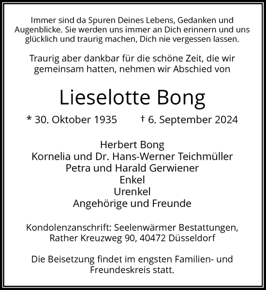 Traueranzeige von Lieselotte Bong von Rheinische Post